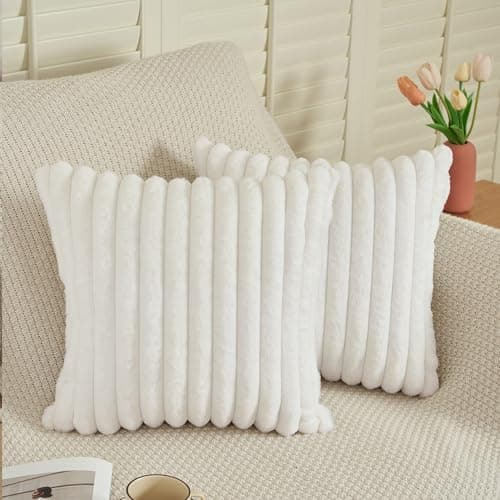 Image of EASE LEAP White Cushion Covers 45 x 45 Fluffy Faux Fur Set of 2 Throw Pillow Covers Soft Plush Pillowcases for Sofa Bed Modern Style Home Decor Fluffy Striped Cushion Cover 18x18 Inches