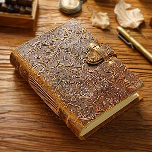 Image of Acidea Leather Journal Notebook, 200 Sheets(400Pages) Embossed Antique Handmade Kraft Diary, Classic Premium Notepad Lined Sketchbook, Great Gift for Writer and Traveler(Vintage Brown, 7.5’’ x 5.5’’)