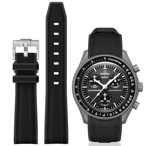 Image of BONACE Curved Silicone Strap Compatible with Omega X Swatch 20mm Watch, Moonswatch Speedmaster Watch Replacement No Gap Strap for Men & Women (Black with Black Line)