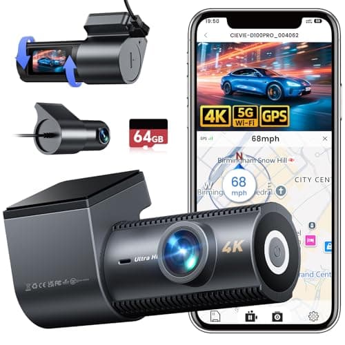 Image of CIEVIE 4K Dash Cam Front and Rear, 5GHz WiFi Dashcam with GPS, 64GB SD Card, 1.5" IPS Screen Car Camera with 24H Parking Mode, WDR, Night Vision, 170° Wide Angle, G-Sensor, Loop Recording, App Control