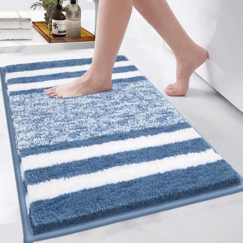 Image of Pauwer Soft Bath Mats, Microfiber Fluffy Non Slip Bathroon Rug Water Absorbent Washable Thick Bath Shower Rug for Bathroom (Blue, 45 x 65 cm)