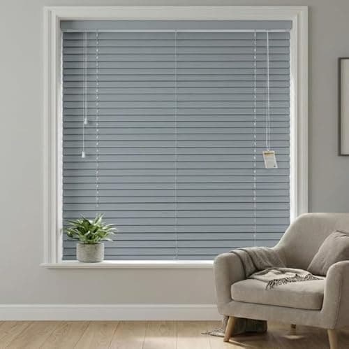Image of REHAN & CO Made to Measure Grey Faux Wood wooden Grain Venetian Blinds/Blind with Strings- Home Office Window Blinds - 50mm Slats 114W x 150H cm