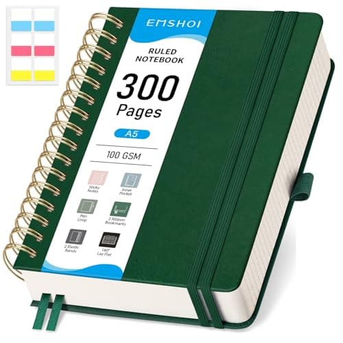 Image of EMSHOI A5 Notebook College Ruled, Spiral Notepad 150 Sheets/300 Pages, 100gsm, HardCover, Sticky Notes, Pocket, Pen Loop, Ruler, Bookmark, Lined Journal for Women Men Writing, 14.5 x 21cm, Green