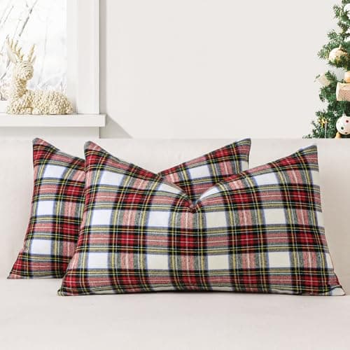 Image of JOTOM Set of 2 Classic Plaids Cushion Covers 30x50 cm Christmas Scottish Tartan Plaid Soft Solid Decorative Throw Pillow Covers Home Decor Outdoor Cushion Case for Sofa Bedroom (Red White)