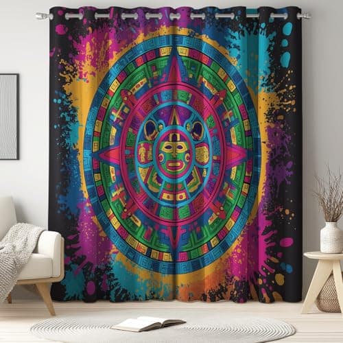 Image of Living Room Blackout Curtains Multicolour, Thermal Curtains, Eyelet Curtains, Aztec Painted Geo, Light Blocking, Privacy, Thermally Insulated, W 52" x L 63", Bedroom, 2 Panels, Pair