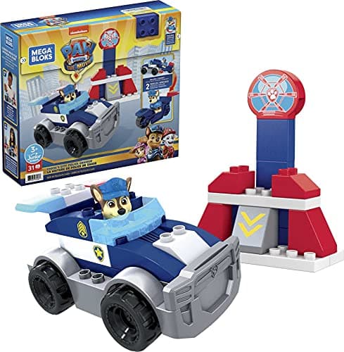 Image of Mattel Mega Bloks PAW Patrol Chase's City Police Cruiser, 1 Poseable Chase Figure, 30 Mini Building Blocks, Building Toys for Toddlers, Ages 3+, GYJ00,