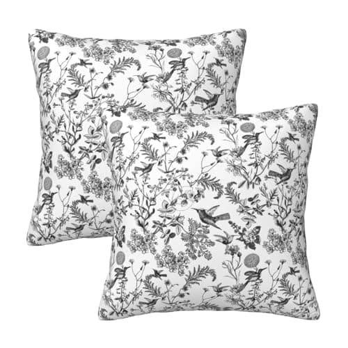 Image of HOSTECCO Black Toile Floral Cushion Covers 45x45 cm Set of 2 Bird Patterned Botanical Cushion Cases Wildflower Farmhouse Decorative Pillow Covers for Sofa Couch