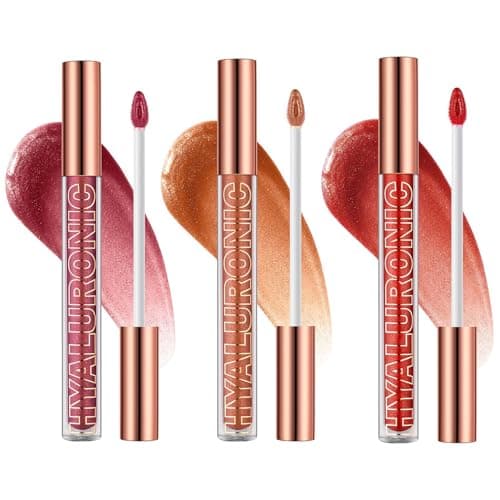 Image of Ofanyia Hyaluronic Acid Lip Gloss, Shimmer Plumping Liquid Lipstick, Moisturizing Long-lasting Smooth Texture Lifter Lip Gloss with Heart Brush (3Colors(04+05+06))