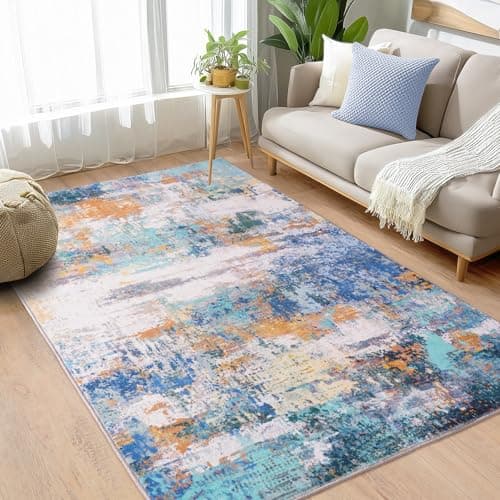 Image of Rezutan Washable Living Room Rug 120x160cm, Modern Abstract Area Rug Soft Low Pile Non-Slip Carpet for Bedroom Lounge Dining Room Home Office Decor -Multicolor