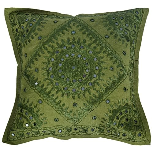 Image of Radhykrishnafashions Indian - 16X16 Mirror Embroidered Decorative Sofa Throw Pillow Cushion Cover Boho Bohemia (Light Green)