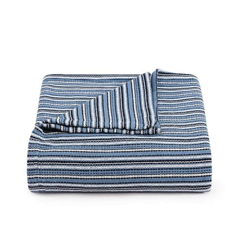 Image of Tommy Hilfiger® - Queen Cotton Blanket, Fade Resistant Yarn-Dyed Cotton Bedding, Medium Weight Soft Blanket, Ideal for Layering, Oeko-TEX Certified (Blue)