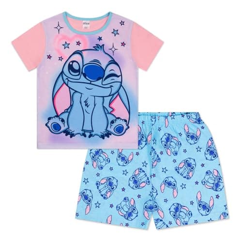 Image of Disney Lilo & Stitch Girls Pyjamas Cotton Short Sleeve Kids PJs Set 4-12 Years (UK, Age, 10 Years, 11 Years, Regular) Pink