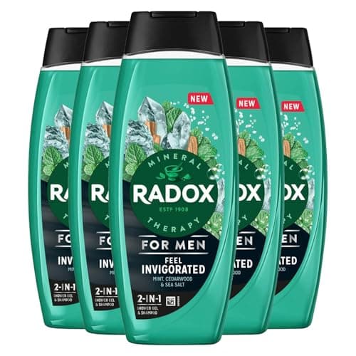 Image of Radox Mineral Therapy 2-in-1 Shower Gel & Shampoo Feel Invigorated, Pack of 5, Men's Body Wash Enriched with Sea Salt 4 Minerals and 13 Herbs Cedarwood and Mint Scent, 450 ml