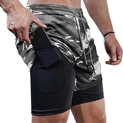 Image of Superora Mens Running Gym 2 in 1 Sports Shorts Breathable Outdoor Workout Training Shorts with Pockets Camouflage-Grey