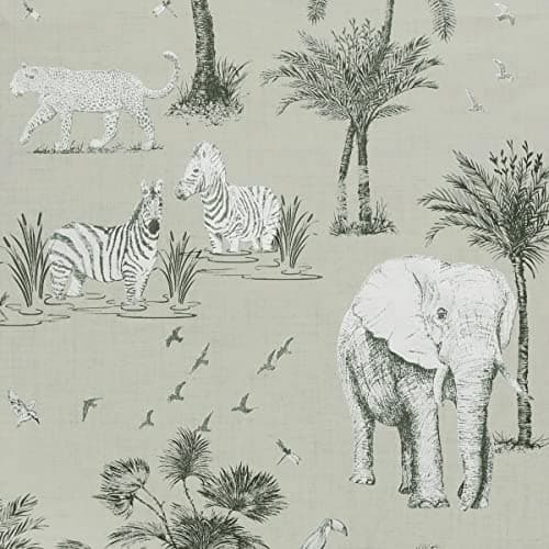 Image of Arthouse Hand Drawn Safari Animals & Palm Trees Lagoon Grey Metallic Effect Wallpaper - Freshness to Maximise Light - Living Spaces & Feature Walls - Bedroom - Dining - Hallway - Living Areas 908902