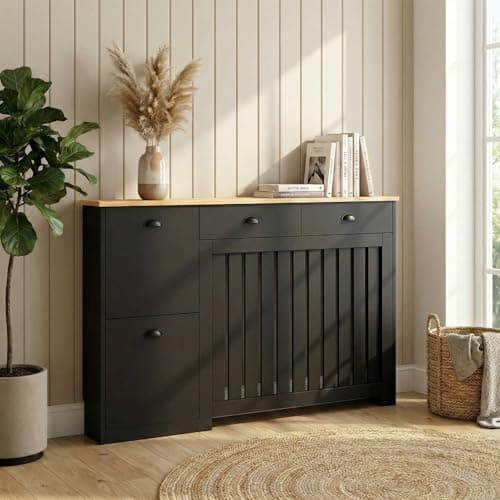 Image of DuraTherm® Linwood Radiator Cover Black Modern Vertical Slat Shelves MDF Storage Cabinet Shelf for Radiators, Living Rooms, Bedrooms (W: 116.5cm / H: 96cm / D: 19cm)
