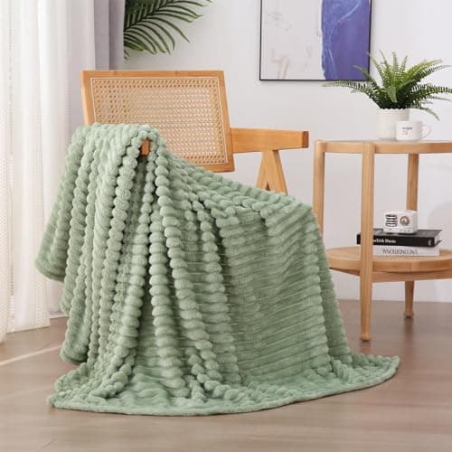 Image of Linecooo Sage Green Fleece Throw Blanket 50”×60” for Couch Sofa Bed,Super Soft Cozy Plush Microfiber Flannel Blanket with Stripes Design Lightweight for Adults,Woman,Girls