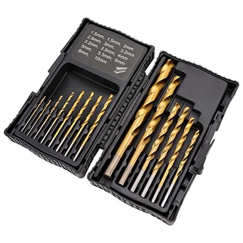 Image of Amazon Basics High Speed Steel Wood Drill Bits Set, Titanium Coated, Inclined Blade Design, 14 Pieces, 1.5-10 mm, for Metal, Wood & Plastic