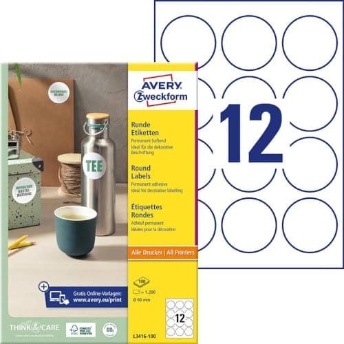 Image of Avery L3416-100 Self-Adhesive Round Product Labels, 12 Labels Per A4 Sheet
