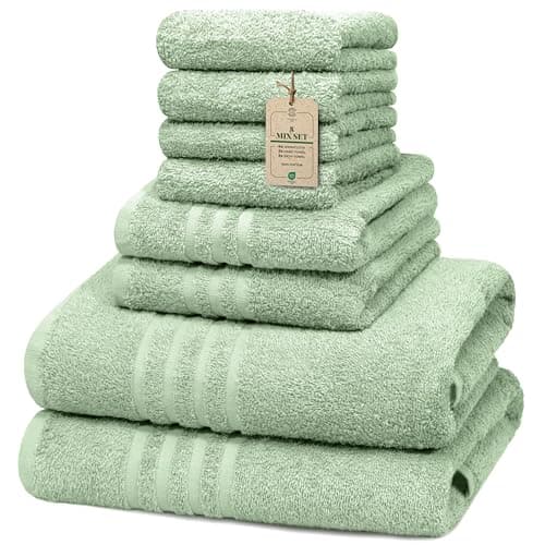 Image of HomeBurg 8Mix Cotton Towel Set – Small (30x30 cm), Medium (40x60 cm) & Large (60x135 cm) – Soft, Absorbent & Comfortable for Everyday Use, Moss Green