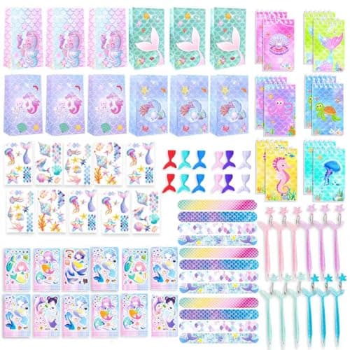 Image of FACLJSSX 84 PCS Mermaid Party Favor, Mermaid Party Bags, Gift Bags Tattoos Stickers Slap Bracelet Stickers Notebooks Pens Erasers for Birthday Mermaid Theme Party Gifts Bags