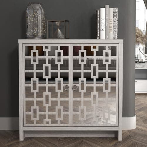 Image of Galano Mollison 2 Door Sideboard – Modern Laser Cut Design with Acrylic Mirror – Storage Cabinet for Living Room, Bedroom, or Kitchen – Dusty Grey Oak