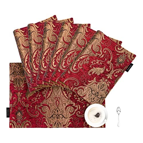 Image of TOPLUXE Placemats 30x45cm, Damask Table Mats for Dining Room/Restaurant/Banquet/Festival Decoration (Set of 6, Burgundy)