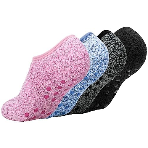 Image of FANTESI 4 Pairs Slipper Fluffy Socks for Women Men Winter Non Slip Soft Thermal Fuzzy Bed Slippers Socks with Anti-slip Grain for House Floor Bed (UK 4-7)