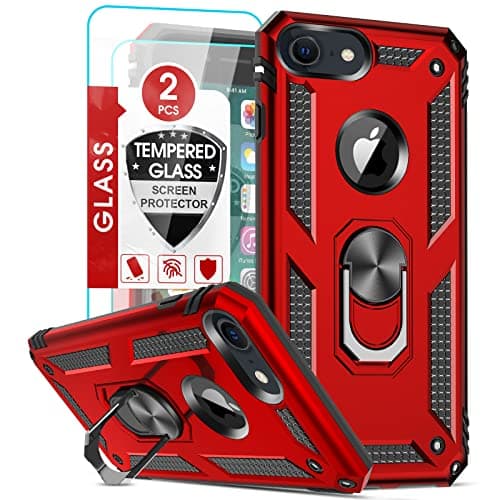 Image of LeYi Case for iPhone SE3 2022/8/7/SE 2020/6/6s with 2 Tempered Glass, Ring Holder Military Anti-Fall Reinforced Bumper Shockproof Soft TPU and Hard PC Protective Case Red