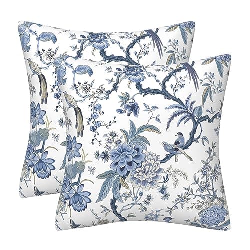 Image of DILOXNSU Set of 2 Cushion Covers 45 x 45 Double-Sided Blue Birds Flower Velvet Modern Chinoiserie Decorative Square 18 x 18 Inches Pillow Cover for Sofa Livingroom Bed Couch Cushions Cases