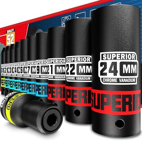 Image of KIRXST 1/2 Inch Drive Impact Socket Set, 11 Piece Deep Sockets 10-24 mm, Metric Socket Set with 1/4" Socket Adapter for Automotive Trucks Tractors Engines Repairing DIY Mechanic Tool