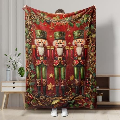 Image of Christmas Nutcracker Fleece Blanket, Red Holiday Decor Throw Blanket, Soft Cozy Warm Blanket for Sofa, Bed, All Season 60x80 Inch