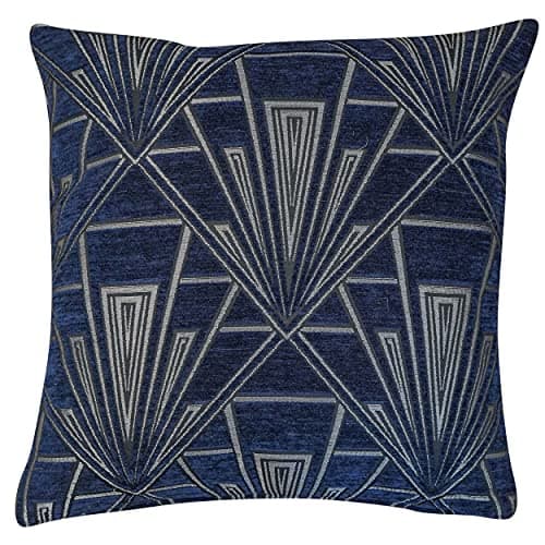 Image of Linen Loft Art Deco Geometric Cushion Cover. Navy Blue and Silver Vintage Design. Luxury Velvet Chenille. 17x17 Square. Cover Only.