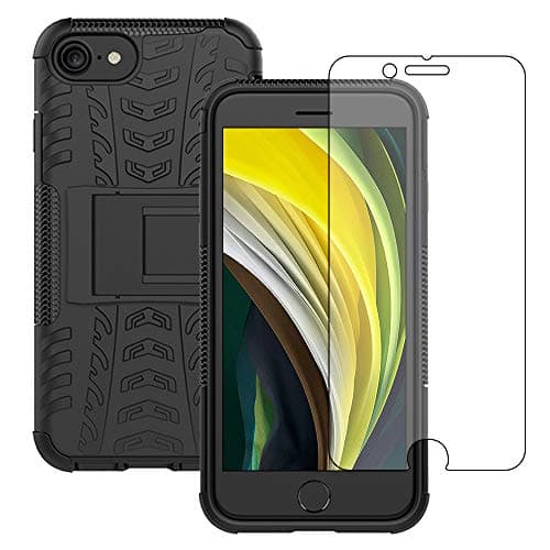 Image of Yiakeng iPhone 8 Case, iPhone 7 Case with Screen Protector, Shockproof Silicone Protective with Kickstand Hard Phone Cover for iPhone SE 2020/7/8 (Black)