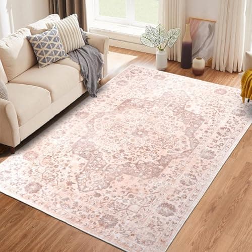 Image of TUKDAK Vintage Area Rug for Living Room 160x230cm, Pink Orange Boho Machine Washable Rugs for Bedroom, Soft Short Pile Non Slip Classic Carpet for Dining Room Office Kitchen Nursery