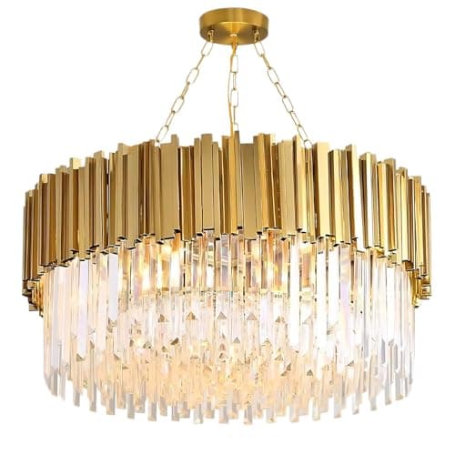 Image of Gold Crystal Chandelier,Golden Stainless Steel Ceiling Light,Led Adjustable Light Color Luxury Pendant Lights,Round Chandelier for Villa Hotel Living Room Dining Room(Color:Gold,Size:60CM)