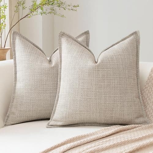 Image of Artscope Pack of 2 Deep Beige Decorative Cushion Covers 22x22 Inch Soft Linen Texture Couch Throw Pillows Farmhouse Pillow Covers with Elegant Design for Sofa Bedroom Living Room Home Decor 55 x 55 CM