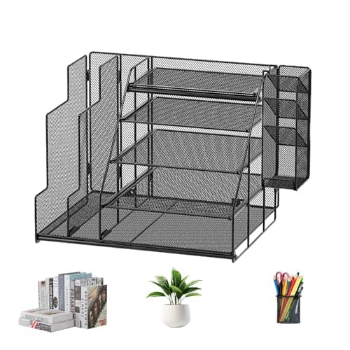 Image of Desk Organiser with File Holder, 5-Tier Paper Letter Tray Organizer with Drawer & Pen Holder, Mesh Desktop File Organizer with Magazine Holder for Home Office Supplies (Black)