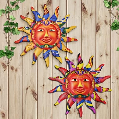 Image of Micanlo 2pcs, Metal Sun Wall Decor, 12.7"x12.7" 3D Colorful Mexican Suns Wall Art Hanging Decorations Ornament for Home, Outside Garden, Patio, Kitchen, Balcony