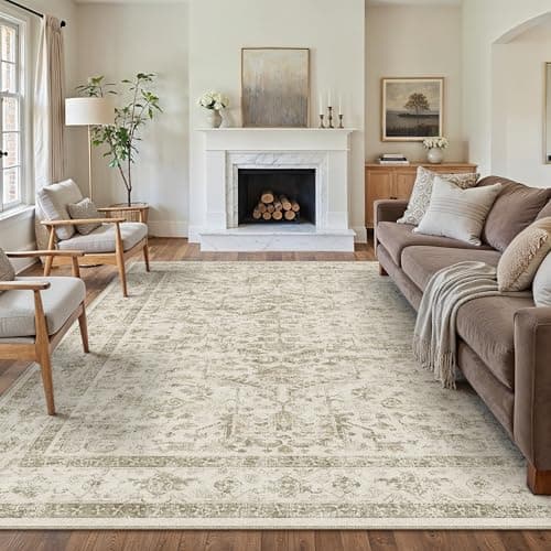 Image of PureCozy Vintage Washable Beige Rugs Living Room Area Rug 200x300cm Bedroom Large Non Slip Soft Carpet Kitchen Bedroom Dining Room Office Indoor Low Pile Carpets