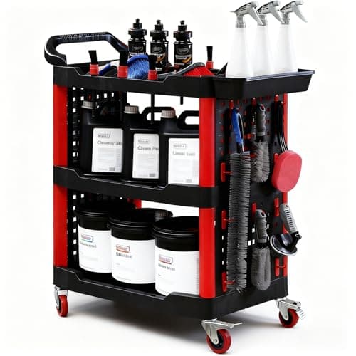 Image of 3-Tier 200Kg Capacity Braked Castors Utility Tool Cart, Car Detailing Trolley On Wheels, Heavy Duty Rolling Tool Storage with Hanging Plate|Hooks|Storage Box for Garage Warehouse Valeting Mechanic