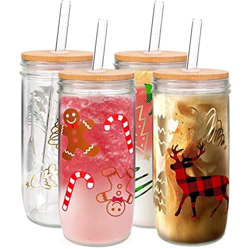 Image of Mason Jar Cups - 24oz Christmas Mugs with Lid and Straw - Tumbler Drinking Glasses - Coffee Cups - Cookie Jar Decor - Glassware - Water Bottles - Xmas Home Decorations - Gift for Women, Kids, Men