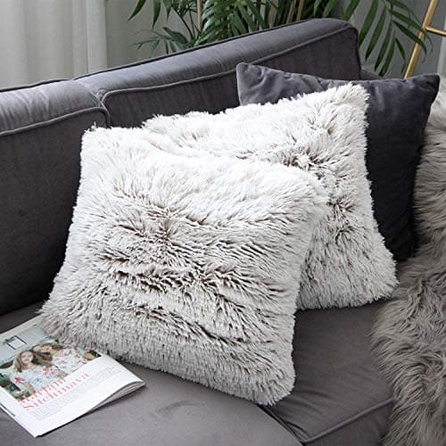 Image of Uhomy 2 packs Full Home Decorative Fluffy Plush Pillow Covers 18"x18", Luxury Fuzzy Artificial Fur Throw Pillow Case Double Side Fluffy Cushion Cover for Sofa Bed Couch Brown Khaki Ombre 45x45 cm