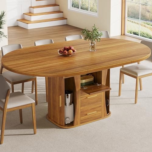 Image of BTM Round Extending Dining Table with Storage, Kitchen Wooden Oval Extendable Tables 4-6 Seater for Small Spaces, Walnut