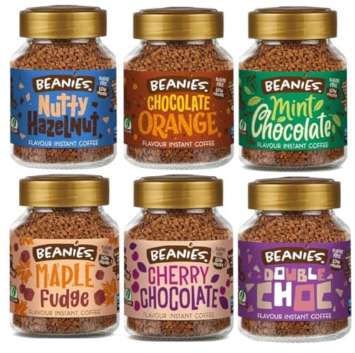 Image of Beanies Flavoured Instant Coffee Chocolate Variety Pack – 6 x 50g Jars – Nutty Hazelnut, Orange, Chocolate, Maple Fudge, Cherry & Double