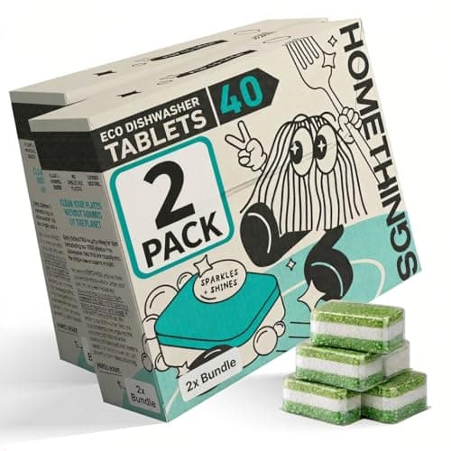 Image of Homethings, 80 Dishwasher Tablets, Highly Effective 3-in-1 Cleaning, No Toxic Chemicals, Vegan & Cruelty-Free, No Animal Testing, Made in EU (2 Pack)