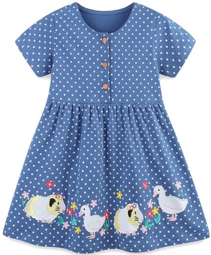 Image of Langubaby Summer Dresses for Girls Flower Button Dress Casual Short Sleeve Cotton Little Kids Clothes Age 1-7 Years (2-3 Years, Polka Dots)