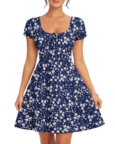 Image of AUSELILY Women Summer Dress Square Neck Ladies Dress Printed Puff Sleeves Casual Elastic Waist Minidress with Pocket Navy Blue Fluffs L