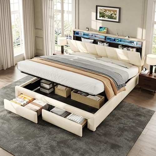 Image of Merax King Size Bed Frame with USB ports, Ottoman Bed with Hydraulic Storage and Drawers, Adjustable LED Headboard with Concealed Storage, Linen, Beige/150x200 cm (No Mattress)