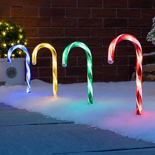 Image of Christow Candy Cane Christmas Lights, Outdoor Path Stake Decorations, Flashing LED, Mains Powered, Set of 4 x 26cm (Multi Coloured)